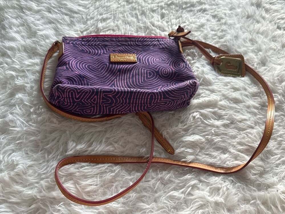 Dooney & Bourke Doodle Pattern Purple & Pink Canvas Crossbody Bag with Leather S
